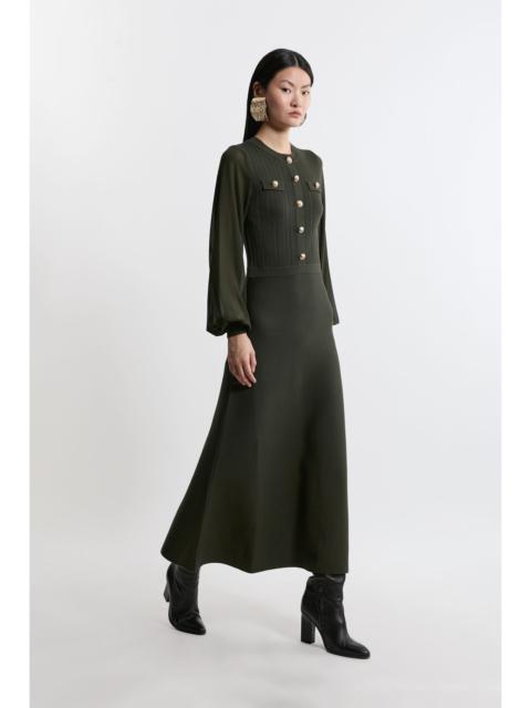 Viscose Blend Maxi Knit Dress With Chiffon Sleeve Military Trim