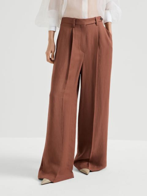 Viscose and linen fluid twill wide trousers with monili
