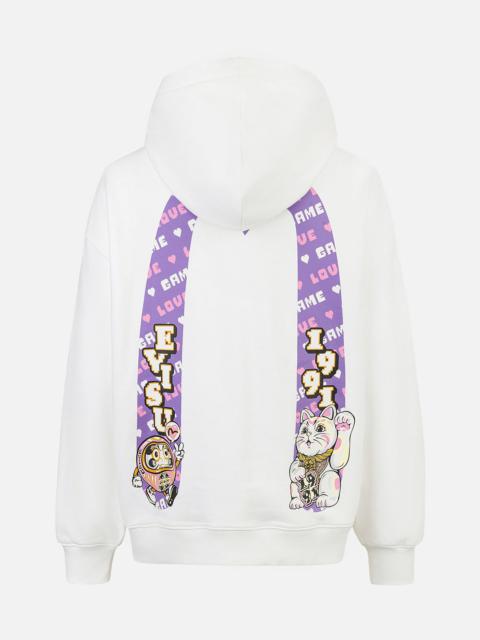Logo and Fortune Cat Daicock Print Oversized Hoodie