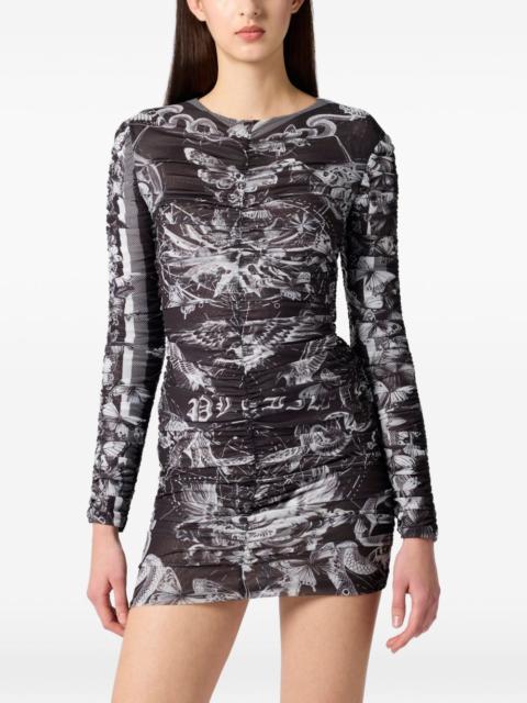 wrinkled butterfly-print mini dress