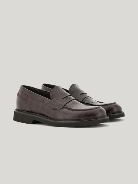 DARK BROWN COLLEGE MOCCASIN LOAFERS IN CROCODILE PRINT CALFSKIN WITH COVERING