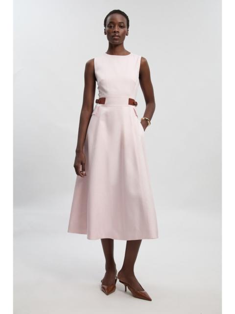 Tailored Linen Tab Waist Detail Full Skirt Midi Dress