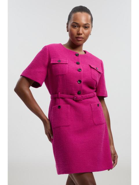 Plus Size Textured Tweed Belted Tailored Mini Dress