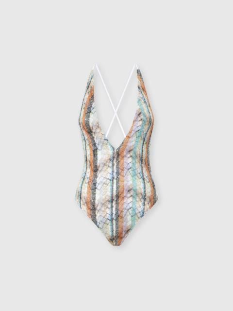 One-piece swimsuit in lamé viscose blend with multi-workmanship and deep V-neckline