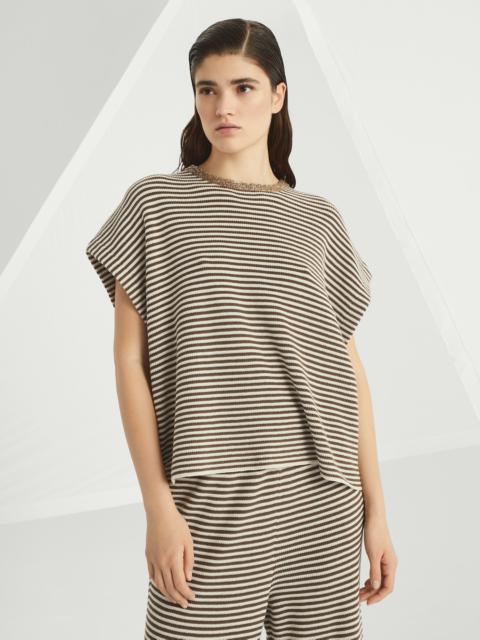 Striped cotton knit T-shirt with dazzling collar insert