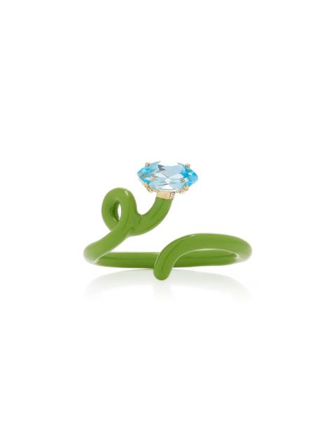 Baby Vine Enameled 9K Yellow Gold, Silver Topaz Ring green
