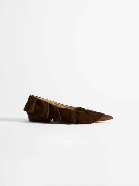 WOMENS RUFFLE BALLERINA FLATS IN BROWN