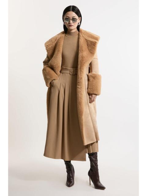 Faux Shearling Collar & Cuff Belted Midi Coat