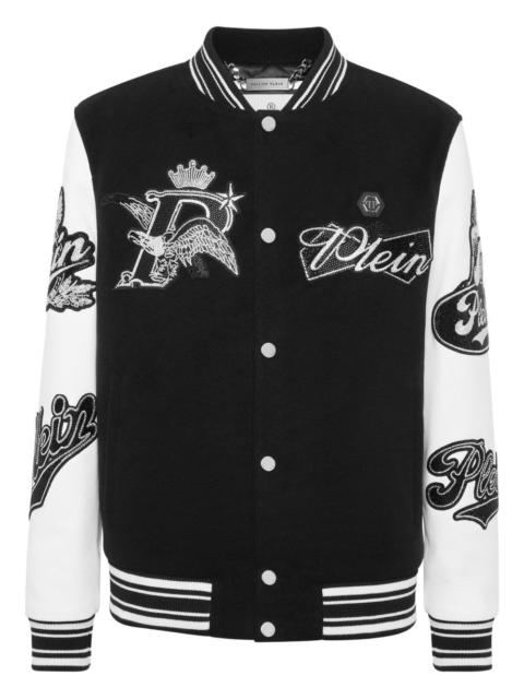 eagle-embellished varsity bomber jacket