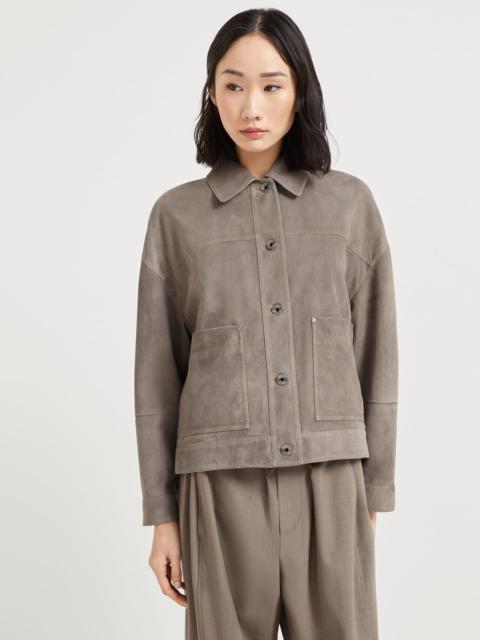 Couture suede outerwear jacket with monili