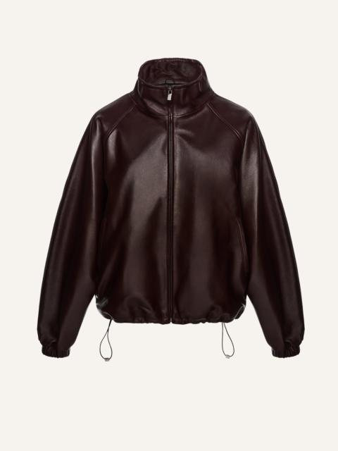 Elasticized leather bomber jacket in burgundy