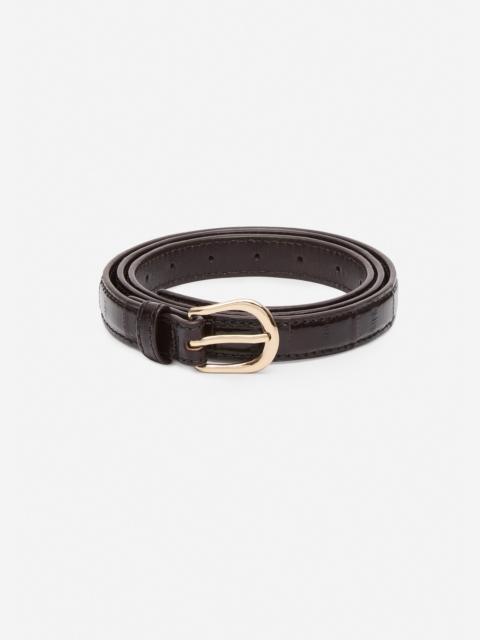 Rounded buckle leather belt in brown and gold