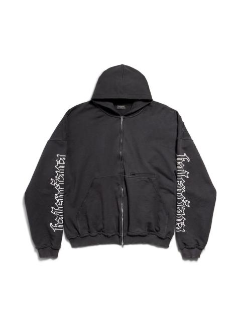 Blackletter Script Pulled Zip-up Hoodie Large Fit in Black Faded
