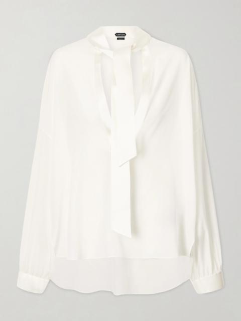 Pussy-bow Satin-trimmed Silk Crepe De Chine Blouse