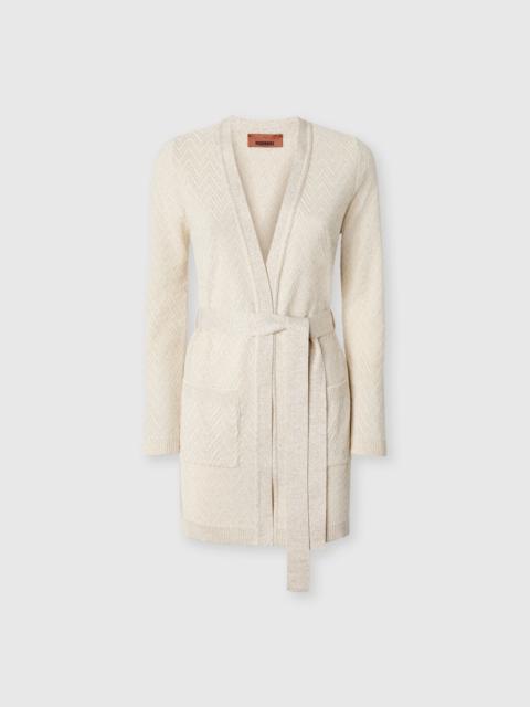 Chevron pattern belted cardigan