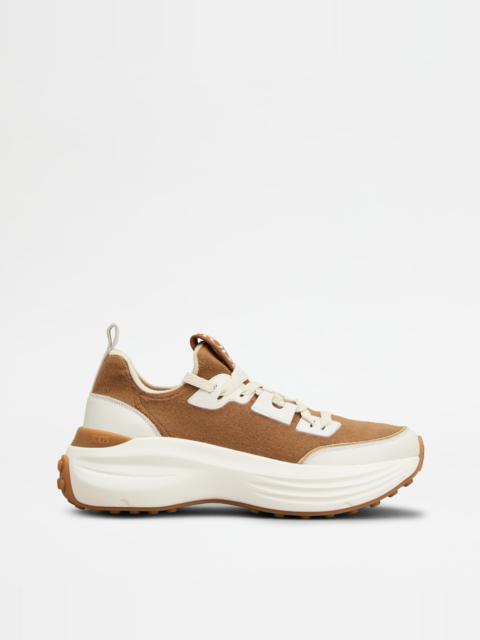 SNEAKERS IN FABRIC AND LEATHER - BROWN, WHITE