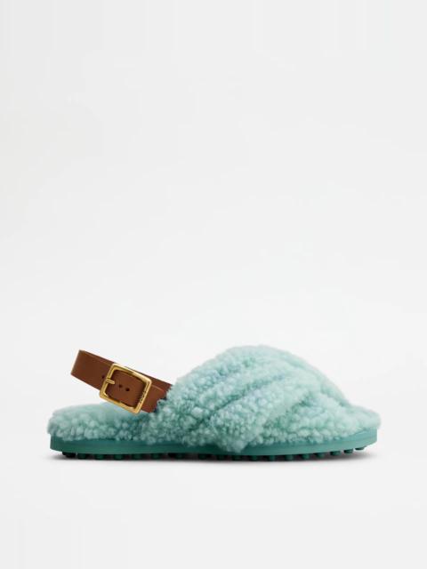 SANDALS IN LEATHER AND WOOL - LIGHT BLUE