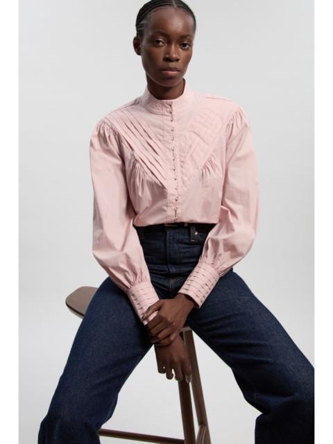 Cotton Pleated High Neck Balloon Sleeve Woven Blouse