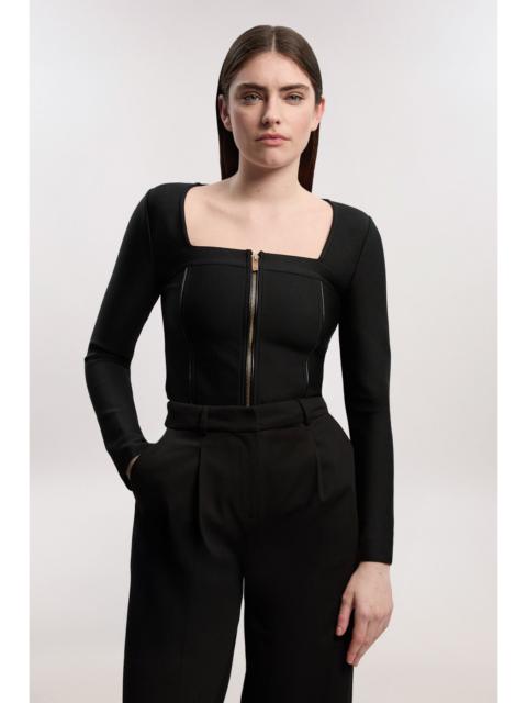 PU Tipped Detail Zip Through Bandage Knit Top