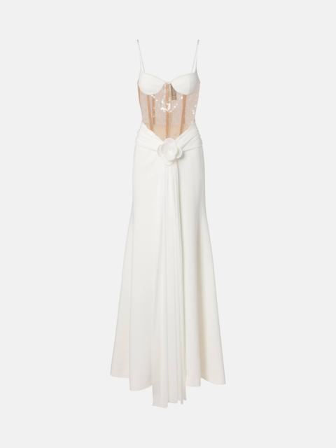 Floral-appliqué sequined bustier gown