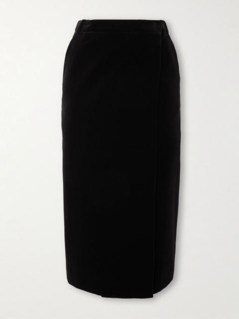 Wrap-effect cotton-velvet midi skirt Black