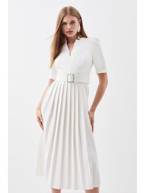 Tailored Structured Crepe Forever Pleat Belted Midi Dress