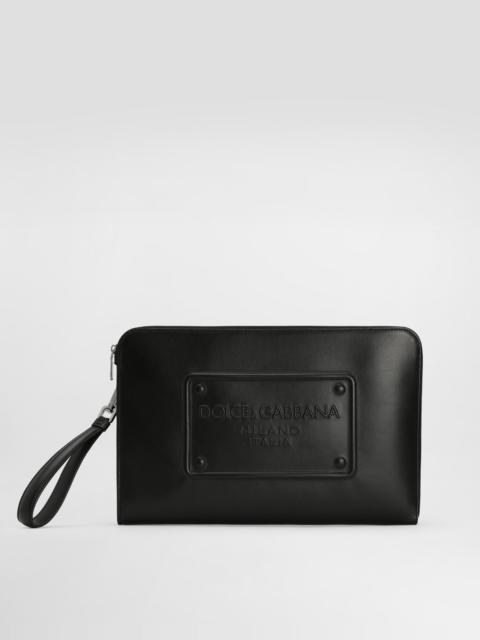 Large calfskin pouch with raised logo