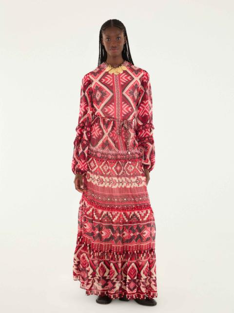 Red Graphic Ainika Belted Tiered Maxi Dress