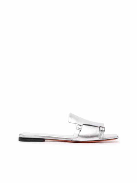 metallic slip on leather sandals