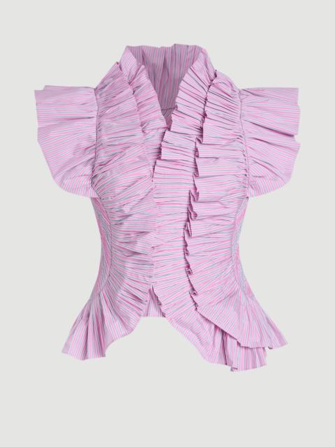 Plus Size Pleated Stripe Ruffle Sleeve Woven Top