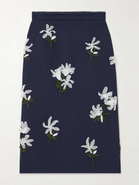 Embellished wool and silk-blend twill midi skirt Navy
