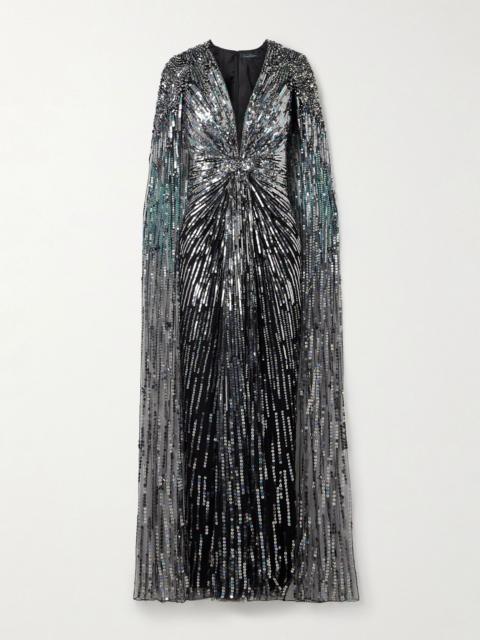 Gold Rush cape-effect embellished tulle gown Black