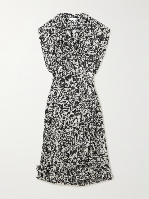 Ruffled Printed Crepe De Chine Midi Wrap Dress
