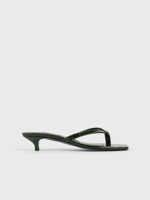 Croco-embossed heeled flip flops dark green