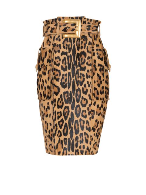 Ponyskin-style leather midi skirt with leopard pattern