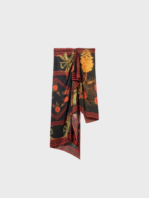 ASYMMETRICAL TWILL SARONG SKIRT WITH FOULARD PRINT