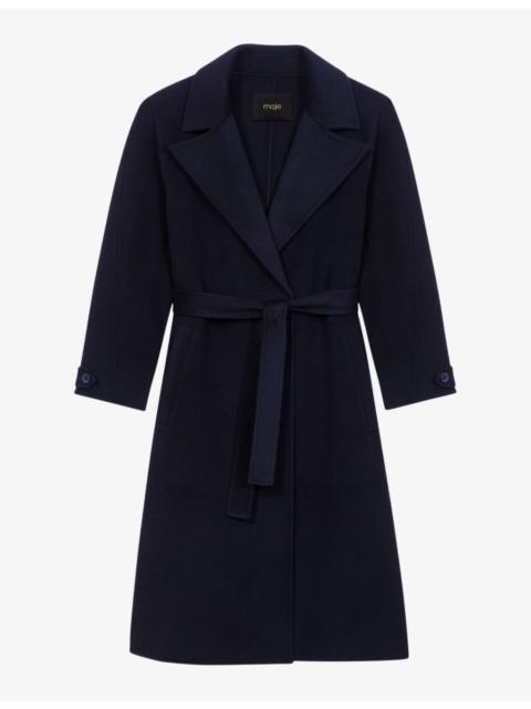Notched-lapels detachable-belt regular-fit wool-blend coat