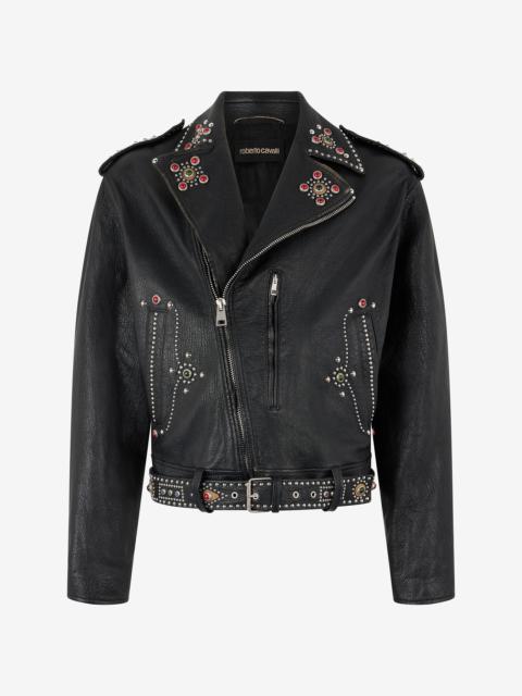 Leather Biker Jacket with Studs and Stones
