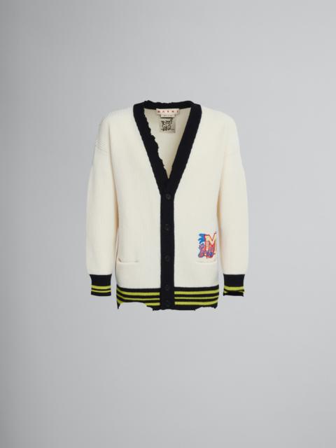 WHITE COTTON AND WOOL CARDIGAN WITH PATCH
