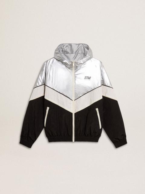 Silver, white and black zippered windproof jacket