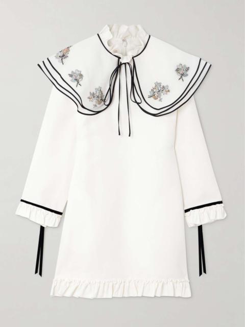 Embellished cape-effect ruffled wool and silk-blend crepe mini dress White