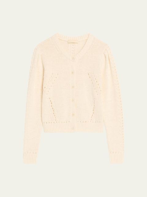 Delphina Pointelle Knit Puff-Sleeve Crewneck Cardigan