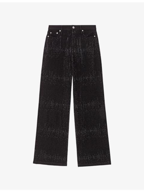 Rhinestone Wide-Leg Mid-Rise Stretch-Denim Jeans