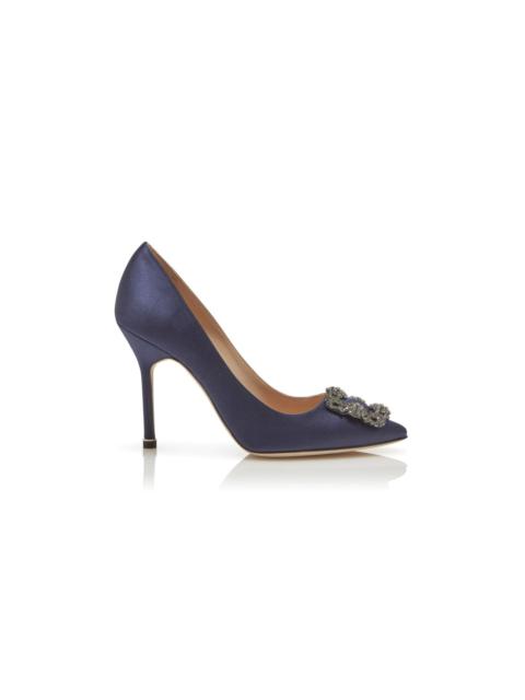 Navy Blue Satin Jewel Buckle Pumps
