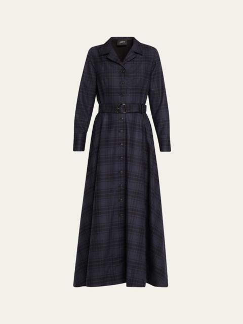 Flannel Plaid Belted Long-Sleeve Maxi Shirtdress
