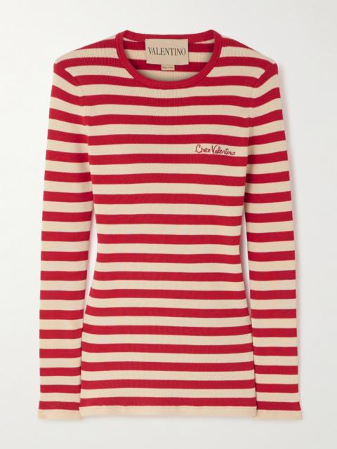 Embroidered Striped Ribbed-knit Cotton Sweater
