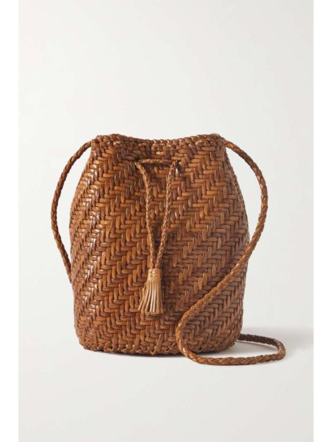 Pompom Double Jump woven leather bucket bag Tan