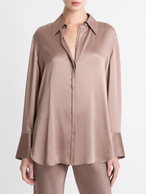 Vince Relaxed Lace Trim Placket Silk Satin Button-Up Shirt in Mauve Lilac at Nordstrom