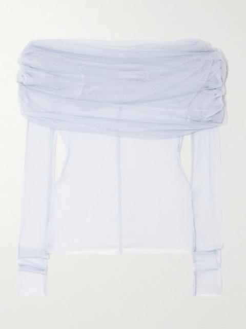 Veiled Draped Off-the-shoulder Silk-tulle Top