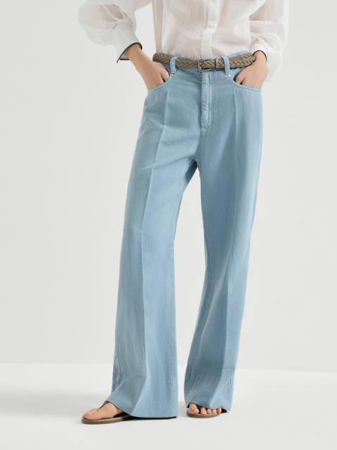 Garment-dyed cotton and linen cover loose trousers with monili